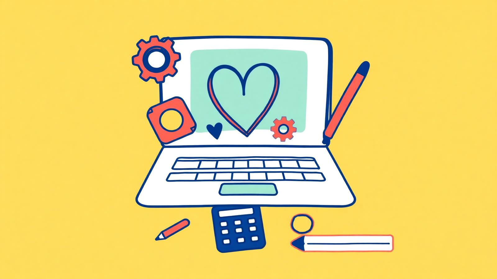 Illustration of a laptop, gears and study tools